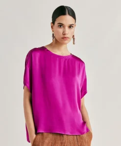 Outlet Blouse Alonso En Soie Unie - Cyclamen Femmes Chemisiers Et Chemises