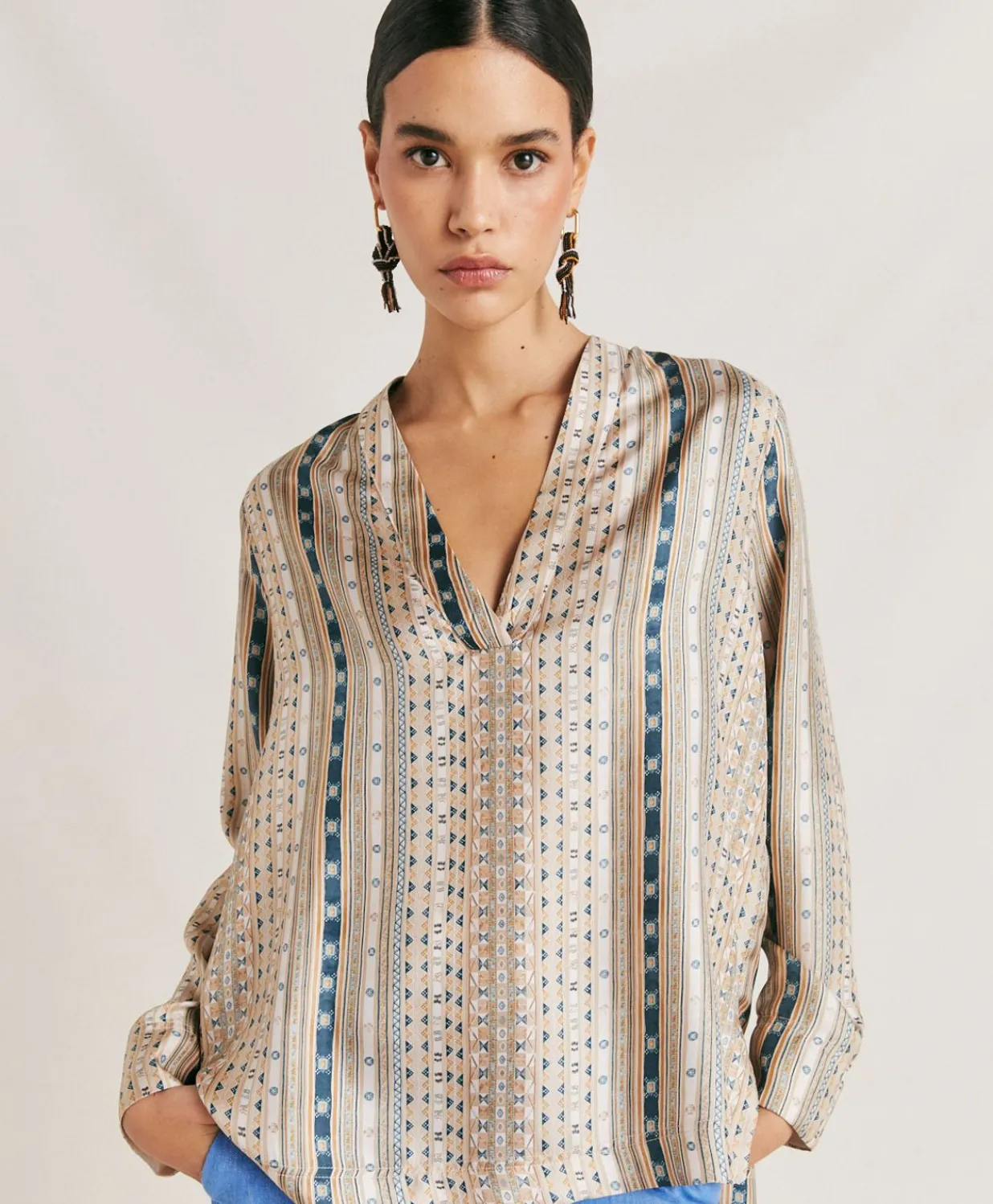 Hot Blouse Ambroise En Serge De Soie - Sable Multicolore Femmes Chemisiers Et Chemises