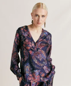 Hot Blouse En Serge De Soie Torret - Bleu Nuit Multicolore Femmes Costumes Et Costumes