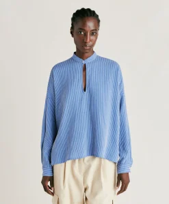 Discount Blouse En Viscose De Soie Rayee Zoe - Bleu Clair/Creme Femmes Chemisiers Et Chemises