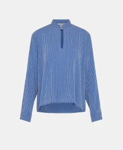 Discount Blouse En Viscose De Soie Rayee Zoe - Bleu Clair/Creme Femmes Chemisiers Et Chemises