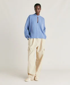 Discount Blouse En Viscose De Soie Rayee Zoe - Bleu Clair/Creme Femmes Chemisiers Et Chemises