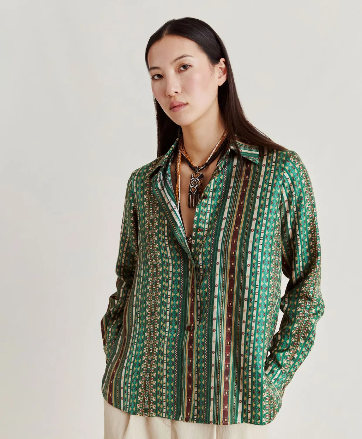 Discount Chemise Arles En Serge De Soie - Vert/Multicolore Femmes Chemisiers Et Chemises