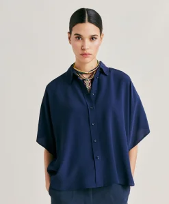 Sale Chemise Brooklyn En Acetate De Soie - Bleu Nuit Femmes Chemisiers Et Chemises