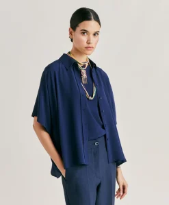 Sale Chemise Brooklyn En Acetate De Soie - Bleu Nuit Femmes Chemisiers Et Chemises