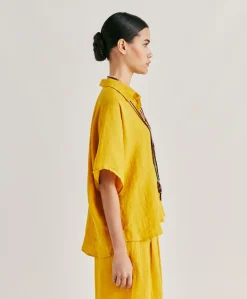 Sale Chemise En Lin Elafonissi - Jaune Soleil Femmes Chemisiers Et Chemises