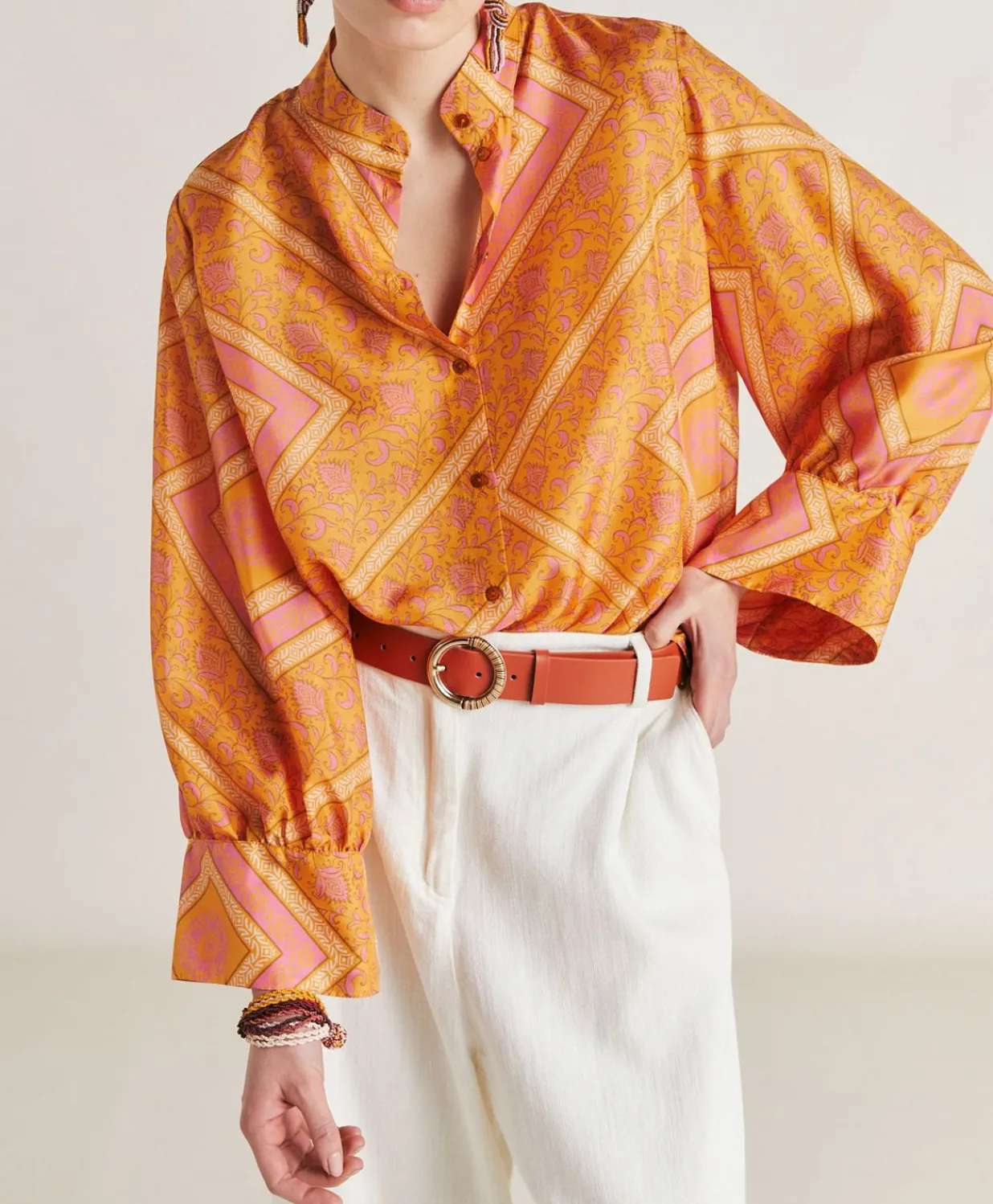 Outlet Chemise Franklin En Haboutai De Soie - Orange/Fuchsia Femmes Chemisiers Et Chemises