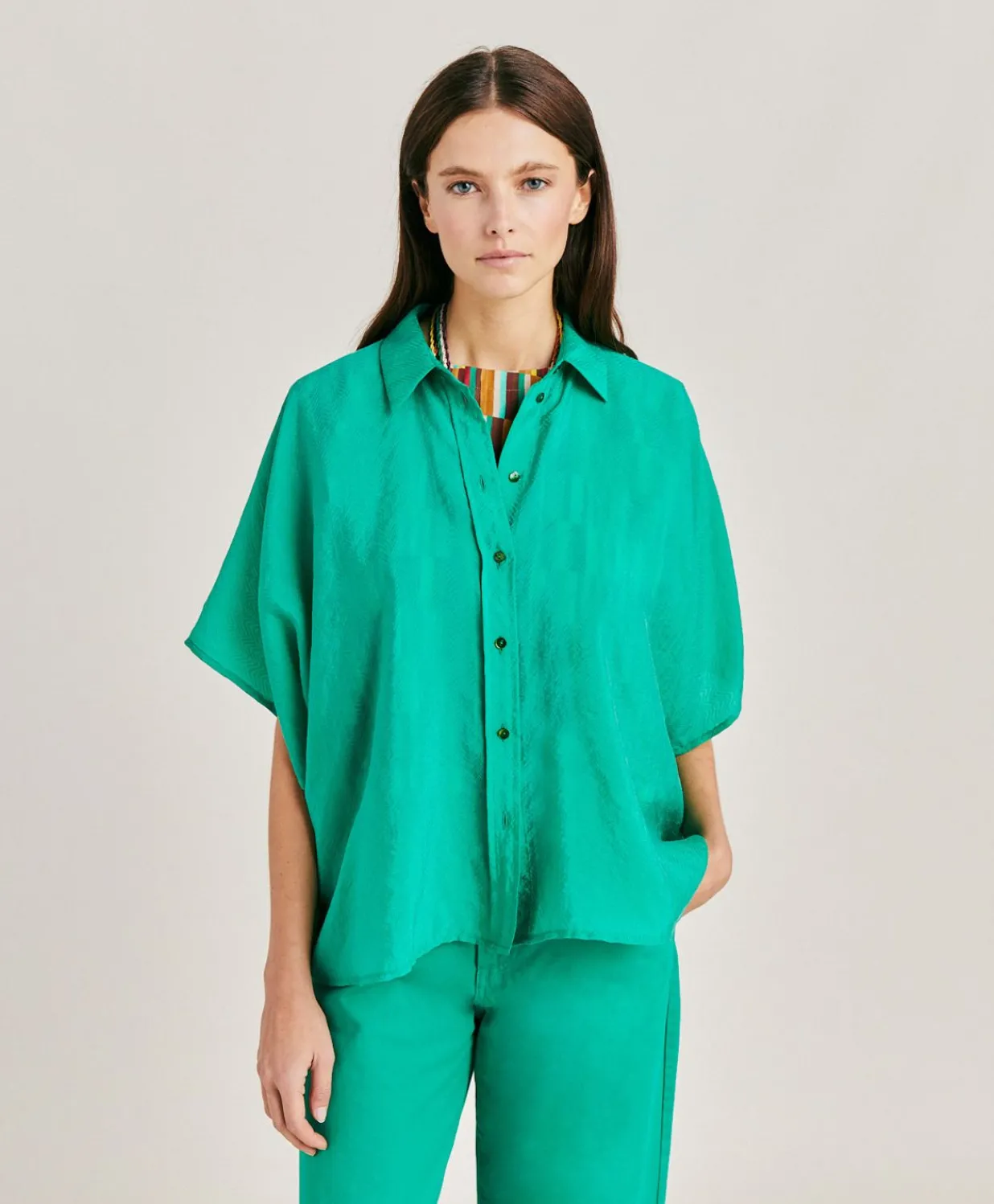 Clearance Chemise Jacquard Brooklyn Cupro - Emeraude Femmes Chemisiers Et Chemises