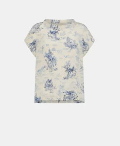 New Chemisier Curacao Crepe De Chine - Creme/Bleu Clair Femmes Chemisiers Et Chemises