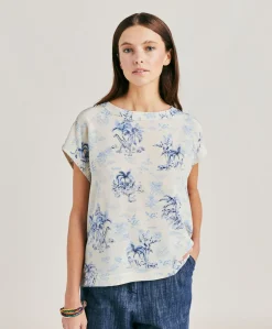 New Chemisier Curacao Crepe De Chine - Creme/Bleu Clair Femmes Chemisiers Et Chemises