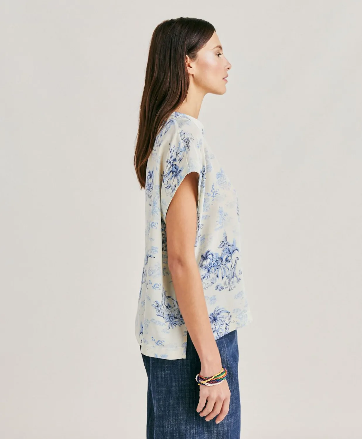 New Chemisier Curacao Crepe De Chine - Creme/Bleu Clair Femmes Chemisiers Et Chemises