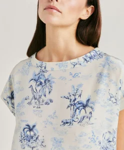 New Chemisier Curacao Crepe De Chine - Creme/Bleu Clair Femmes Chemisiers Et Chemises