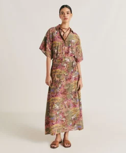 Discount Jupe Olla Crepe De Chine - Olive Multicolore Femmes Jupes
