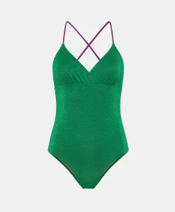 Outlet Maillot De Bain Une Piece D'Ete En Jersey Lurex - Emeraude/Cyclamen Femmes Maillots De Bain
