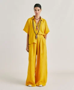 Sale Pantalon Aspen En Lin Uni - Jaune Soleil Femmes Pantalons Et Shorts