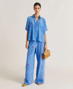 Outlet Pantalon En Crepe De Chine Baccarat - Bleutte/Fuchsia Femmes Pantalons Et Shorts