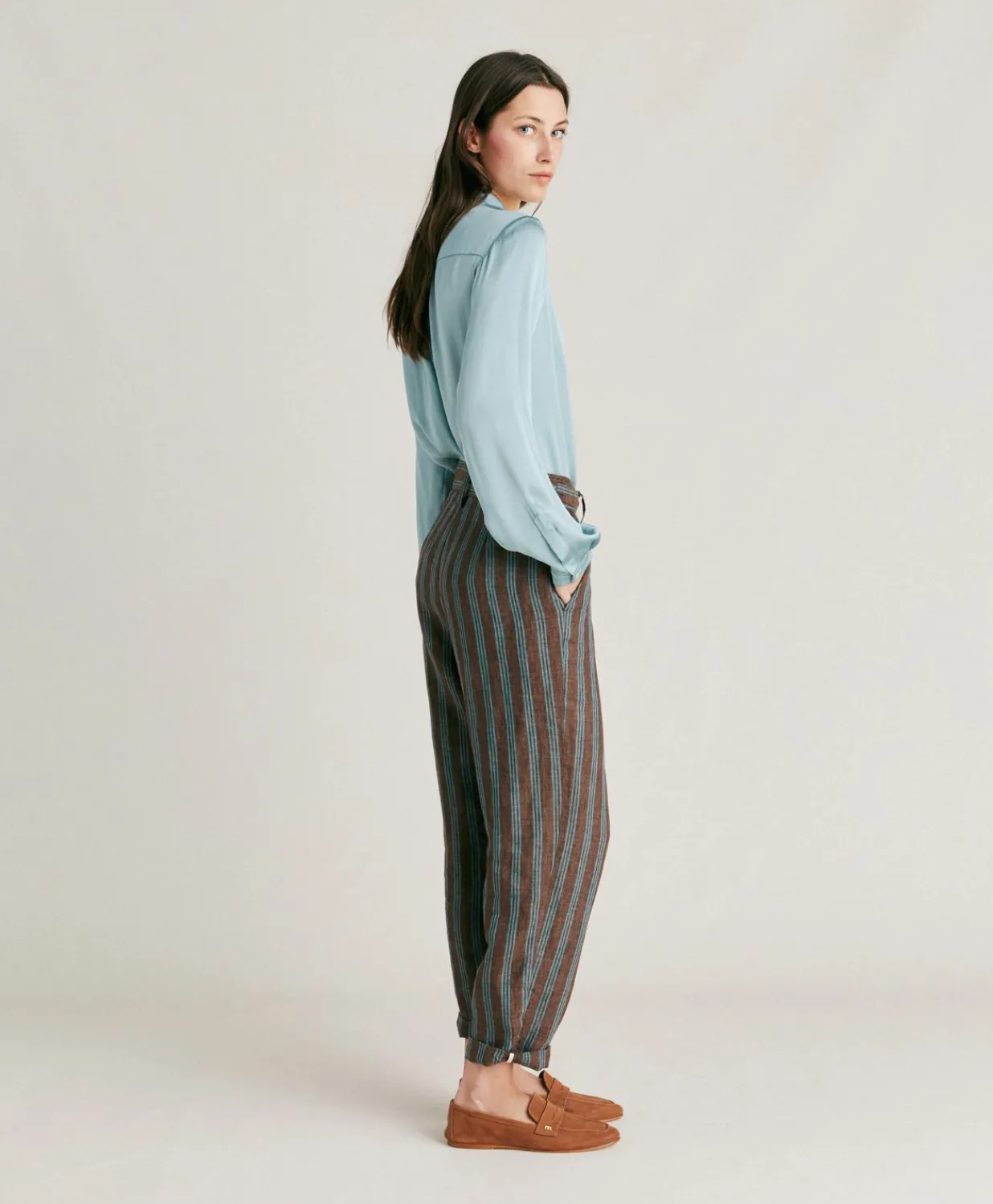 Pantalon En Lin Raye Matthieu - Marron/Aqua Femmes Costumes Et Costumes