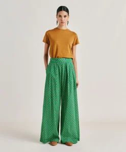 Sale Pantalon En Voile De Coton Imprime Aspen - Emeraude Femmes Pantalons Et Shorts