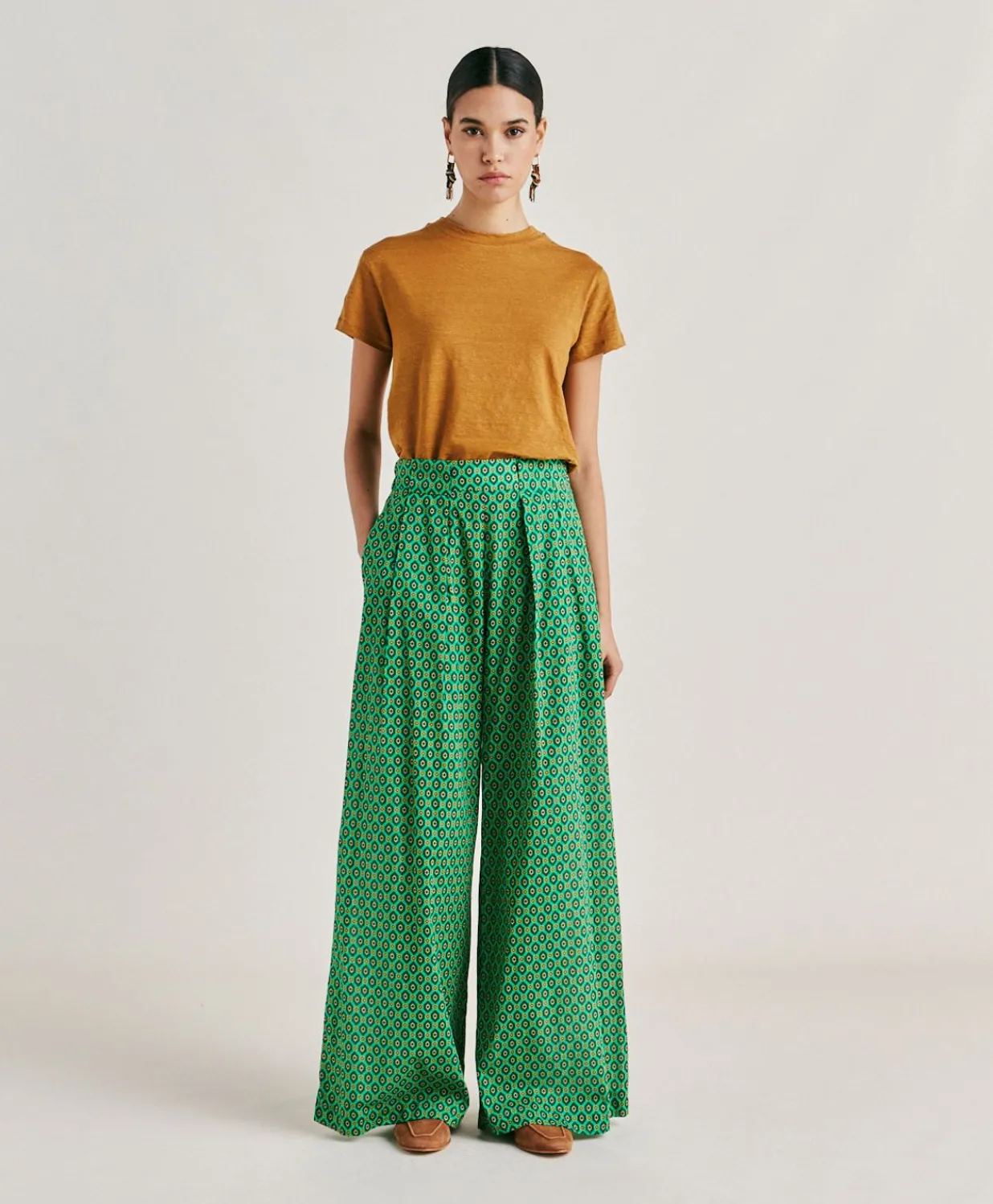 Sale Pantalon En Voile De Coton Imprime Aspen - Emeraude Femmes Pantalons Et Shorts