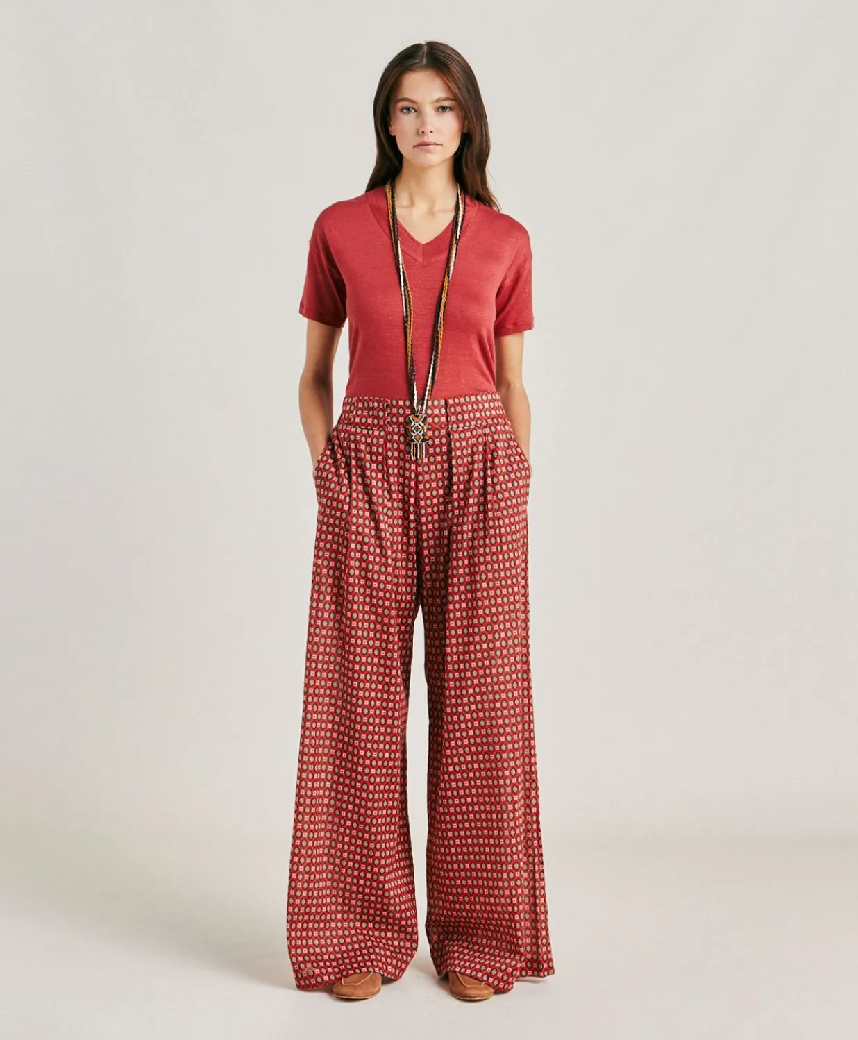 Sale Pantalon En Voile De Coton Imprime Aspen - Rouge Femmes Pantalons Et Shorts