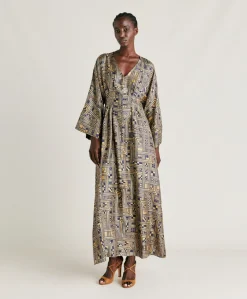 Outlet Robe Fortuna En Serge De Soie - Or/Bleu Femmes Vêtements