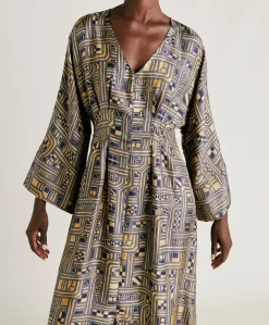Outlet Robe Fortuna En Serge De Soie - Or/Bleu Femmes Vêtements
