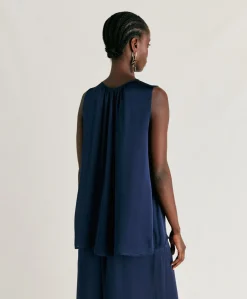 New Top Cris En Soie Unie - Bleu Nuit Femmes T-Shirts Et Hauts