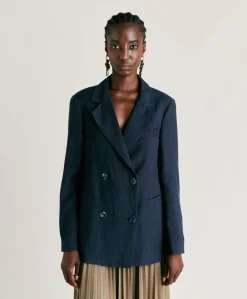 Outlet Veste Clair En Viscose De Lin Elegante - Bleu Nuit Femmes Costumes Et Costumes