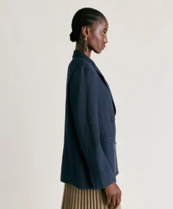 Outlet Veste Clair En Viscose De Lin Elegante - Bleu Nuit Femmes Costumes Et Costumes