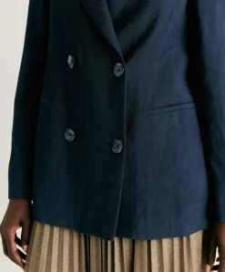 Outlet Veste Clair En Viscose De Lin Elegante - Bleu Nuit Femmes Costumes Et Costumes