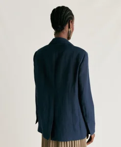 Outlet Veste Clair En Viscose De Lin Elegante - Bleu Nuit Femmes Costumes Et Costumes